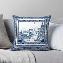 Blue Willow Double Frame Chinoiserie Square Pillowcase Polyester Linen Velvet Printed Zip Decor Room Cushion Cover 18 45X45CM gray