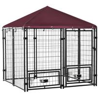 Outdoor Dog Playpen, Lockable Steel Pet Pen, 2 Rotating Bowls and Oxford Fabric Cover, Black and Red Kennel