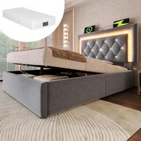 Upholstered Bed 90x200 cm Velvet with LED Diamond Band in Headboard, USB & Type-C Charging, Hydraulic Bed Box, Youth Bed, Grey (With Mattress) 209 x 101 x 104 cm pilka
