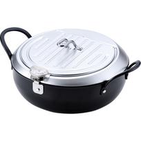 Wahei Freiz Made Iron Tempura Pot with with IH and Gas Deep Tempura Oil Made in Iimono Koji Tsubame-Sanjo Lid, 24cm, Thermometer, Compatible, Fryer, juoda