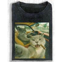 Two Cats Driving, Smoking Cigars, Printed Short Sleeved Shirt, Street Style Short Sleeved T-shirt, Exquisite 230g Washed Fashionable Casual Pure M juoda