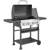 Outsunny dujinės kepsninės vežimėlis 12 KW 4+1 degiklis BBQ grilis iš nerūdijančio plieno, su šoniniu degikliu, termometru, grotelėmis, virykle, butelių atidarytuvu, šoninėmis lentynomis, dujinis grilis balkonui, stovyklavimui, 135 x 55 x 103 cm