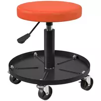 HOMCOM dirbtuvės taburetė su ratukais ir daiktadėže, reguliuojamo aukščio 38-50 cm, iki 135 kg apkrovos, besisukanti, apvali darbastalių sėdynė, Ø38 cm, oranžinė