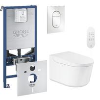 Išmanau wc komplektas GROHE SENSIA išmanusis pakabinamas klozetas su Grohe SLX potinkiniu rėmu ir baltu mygtuku
