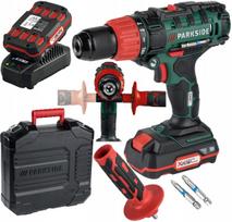 Akumuliatorinis smūginis gręžtuvas-suktuvas Parkside su automatiniu suklio fiksatoriumi, 245 × 195 × 71 mm