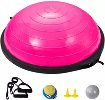 Pusės pusiausvyros kamuolys (bosu) su pasipriešinimo juostomis ir pompa. 64 cm. rožinis