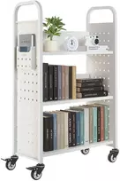 Knygų vežimėlis su ratukais 770x380x1220 mm, L formos lentynos, iki 150 kg, baltas
