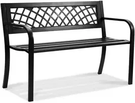 Metalinis lauko sodo suoliukas. 52.5 x 116.3 x 76.2 cm. su atlošu ir porankiais. krovumas 218 kg