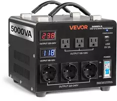 Įtampos transformatorius 220V/110V. 5000 VA. su LCD ekranu. 3 JAV ir 3 ES lizdais