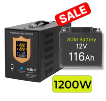 Inverter 1200W + 12V HAZE 116Ah battery for home heating system
