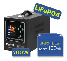 Atsarginio maitinimo komplektas šildymo sistemai 700 W + ličio LiFePO4 12,8 V 100 Ah akumuliatorius