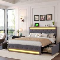 Minkšta lova 180x200 su LED ir USB lizdais, dvigulė lova su 4 stalčiais, lova su daiktadėže, pilka, lininė, be čiužinio