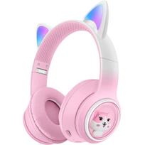 Ausinės su katės ausimis, mikrofonu ir FM radiju, rozinės, šviečiančios, Bluetooth