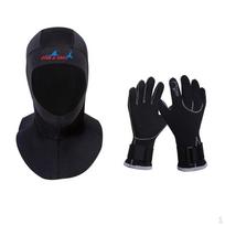 Scuba Dive Hood Snorkeling Mask Neck Wrap & Diving Wetsuit Glove Mitten M S black