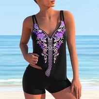 Moteriškas maudymosi kostiumėlis su pečių juostele Blue Rose Print Bikini Tankini maudymosi kostiumėlis 4XL violetinė