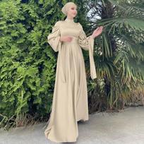 Suknelė su apykakle, satininė, moteriška korsetas, pūstomis rankovėmis, ilgomis Dubajaus Abaja Turkijos musulmonų suknelėmis Jilbab Kaftan Maroko Abbayas su Hijab Moterys s beige