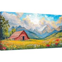 Drobės paveikslas ant sienos Kaimo Peizažas Pieva Troba Kalnai 50 x 100 cm