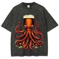 Washed Octopus T Shirt Unisex Casual Fashion Short Sleeve T-shirts Tops Hip Hop Vintage Tee Shirt Men Women Clothing L black