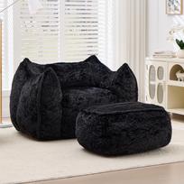 Giant Bean Bag Chair for Adults &Kids Faux Fur Sofa Chairs with Pillow &Ottoman, Comfy Reading & Gaming Beanbag Couch for Bedroom Living Room, Black 123 x 157 x 73 cm juoda