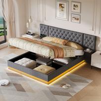 Minkšta lova 160x200 cm su patalynės dėže, LED, USB, hidraulika, lentynomis, lininė, pilka