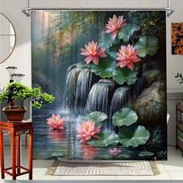1Pc Waterfall Nature Landscape Shower Curtain Relaxing Lotus Flowers Design Polyester Fabric Bathroom Decor Includes 12 Hooks W60H190(CM)-1 Pcs gray
