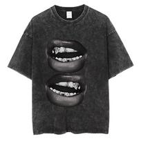 Sexy Lips With Grillz Graphic TShirt Washed Cotton Men Women Vintage Acid Wash Retro Streetwear Trendy Loose Short Sleeve Top S black