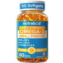 Nutrabud Omega 3 Fish Oil Capsules Triple Strength Supplement 2500mg - 900mg EPA 600mg DHA/serving - With Vitamin D & E - Lemon Flavour (60 Coun