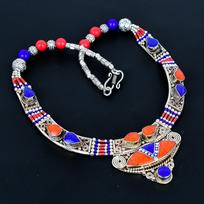 Lapis lazuli, Koralas 925 svarų sterlingų sidabro karoliai Tibeto sidabro karoliai Bohemiški antikiniai karoliai Rankų darbo papuošalai Nepaliečių karoliai Dovana žmonai 20" raudona