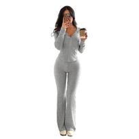 Women's 2 Piece Sweatsuits Zip Up Hoodies And Bell Bottom Pants Ribbed Knit Outfits Sexy Bodycon Workout Tracksuits M gray