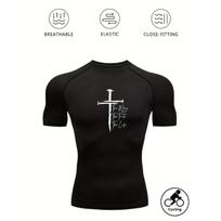 Mens Black Compression Short Sleeve T-Shirt Sword And Text Graphic Breathable High Elasticity Close-Fitting Gym Workout MMA Athletic Top S black