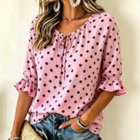 Women's Pink Polka Dot Blouse, Drawstring Neck 3/4 Flare Sleeve Sweet Casual Loose Tunic for Daily Vacation Wear L pink