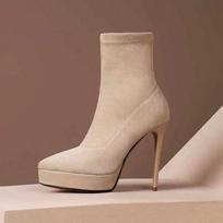 Suede Platform Stiletto Ankle Boots Moteriški Aukštakulniai Įslystami Trumpi Batai Madingi vakarėlio Suknelės Batai Moterims Zapatos Para Mujer 38 beige