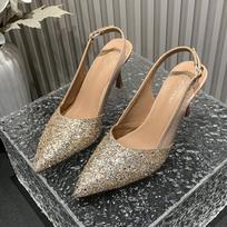 Fashion Spring and Summer New Glitter Pointy Heels After The Empty Thin with A Line Buckle Toe Sandals for Women 35