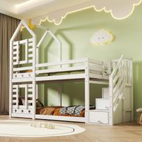 (=AB30351678W) Children's Bed, Bunk Bed Treehouse with Drawers and Fall Protection 90 x 200 cm, Loft Bed for Children – 2x Slatted Frame - White 257 x 96 x 217 cm balta