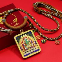 Rebgong Thangka Green Tara Hand-painted Gilded Buddha Pendant Necklace Gilded Core + Case red