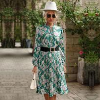 Temperament Women's Pleated Crew Neck Print Long Sleeve Retro Dress S žalia