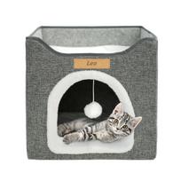 Sulankstomas pilkas kačių namelis Kibo su draskykle ir guoliu 39,5x38,5 cm