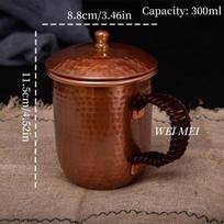 Vintage Copper Coffee Mug,With lid Camping 300 ml Cold Drink Cup,Handcrafted Hammer Thickened Texture Handle Tea Cup Tableware 300ml brown