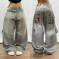 GLYDE High Waist Loose Casual Retro Joker Y2K Blue Leopard Print Straight Pants Street American Wide Leg Pants S gray