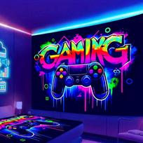 Neon Gaming Controller Tapestry - Cyberpunk Gamer Design for Edgy Bedroom Wall Decor And Photo Backdrops 100X150CM blue