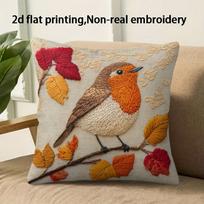 2D Flat- # Autumn Robin Bird Throw Pillow Cover Rustic Fall Leaf Square Cushion Case For Sofa Couch Bedroom Home Decor Short plush 30*30(CM)-1Pcs