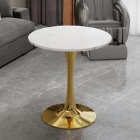 27.6-Inch golden coffee table, mid-century modern dining table, suitable for 2-4 people, featuring round marble tabletop with white veined finish. 70 x 70 x 72 cm