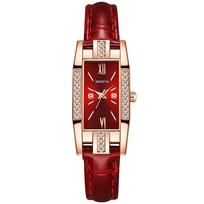 Diamond Classic Luxury Bracelet Wrist Leather Strap Women Square Wristwatch Ladies Quartz Watch raudona