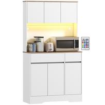 Aukšta virtuvės spintelė su RGB LED apšvietimu, stalviršiu, 6 durelėmis, 2 stalčiais, balta 100 x 38 x 180 cm