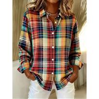 Fashion large size long sleeve lapel casual plaid print shirt S black