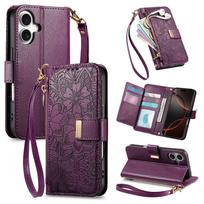 Case for iPhone 16 Pro Max, PU leather flip case with card holder and wrist strap violetinė