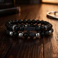 Handmade Men Strand Bracelet 2Pcs/Set Blue Howlite Lava Hematite Stone Healing Braclet Classic Cross Wrap Braslet Wrist Jewelry oniksas