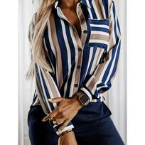Elegant women's striped long sleeve shirt with button detail and pockets S gray