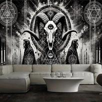 Gothic Infernal Goat Landscape Tapestry, Grunge Occult Symbol Geometry Wall Cloth, Cool Backdrop For Bedroom Home Space Indoor 70x100CM white