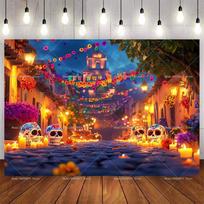 Mexican Fiesta Día De Los Muertos Backdrop Day Of The Dead Theme Birthday Party Wall Decor Photo Booth Photography Supplies 59x51.1inch/150*130cm blue